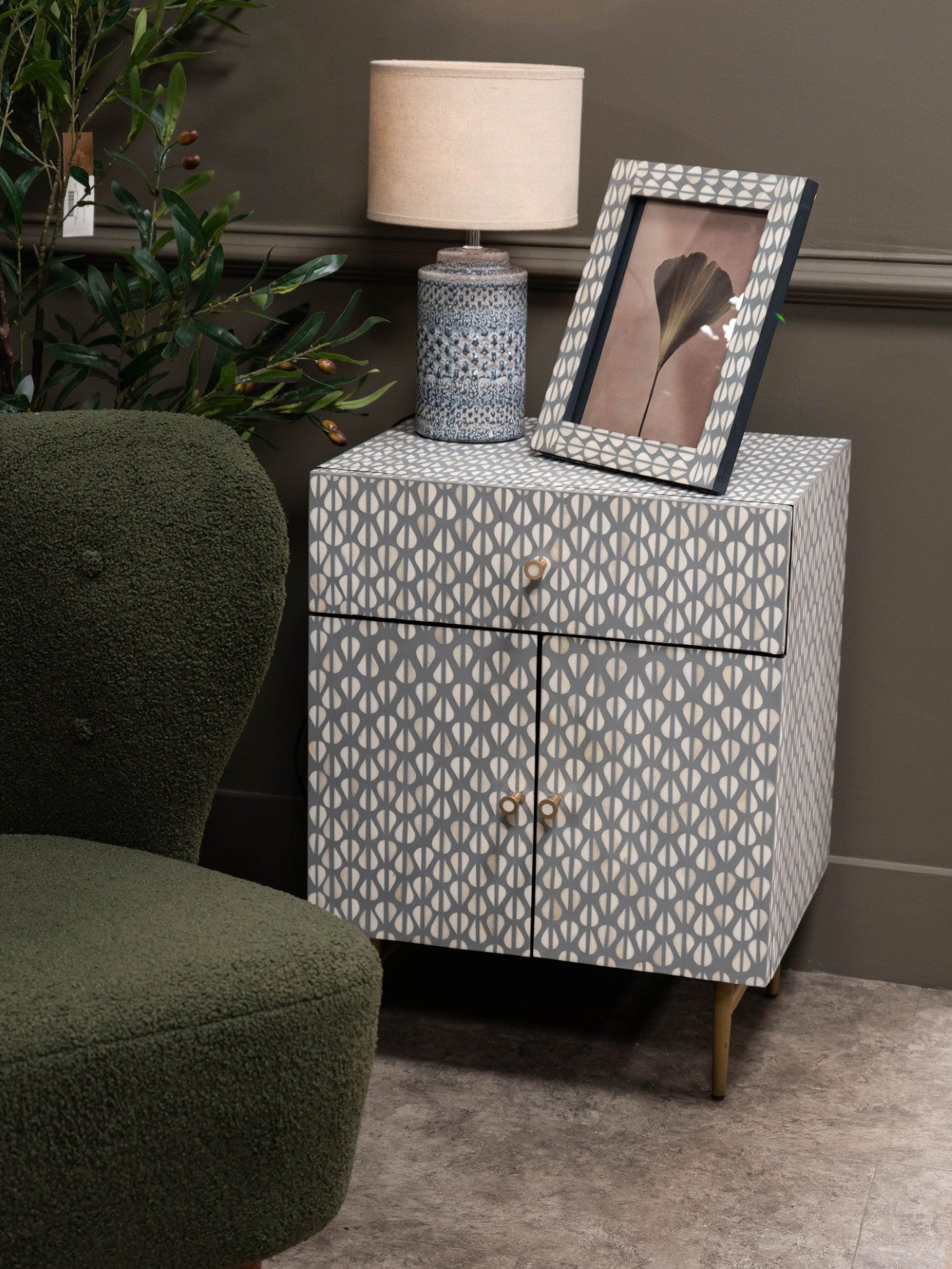 Burgess Grey & White Bone Inlay Bedside Table